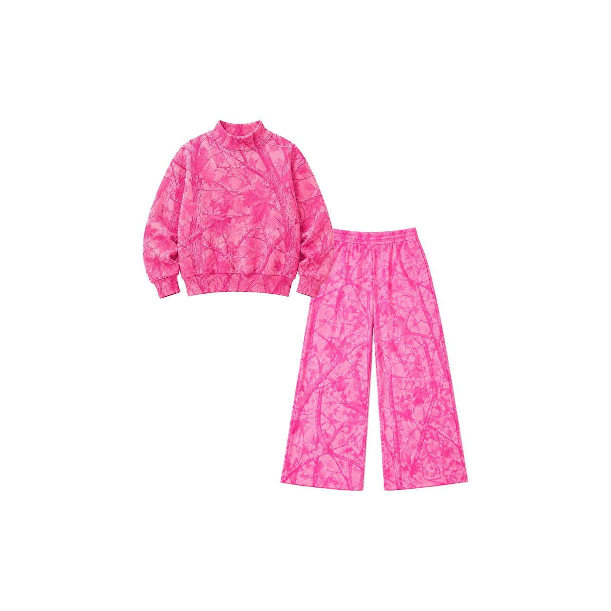 (Preorder new) No moq GLP3650(GT1823+P1137) Baby Girls Hot Pink Tree Camo Print Mock Neck Long Sleeve Sweatshirt Pants Casual Matching Outfit Set