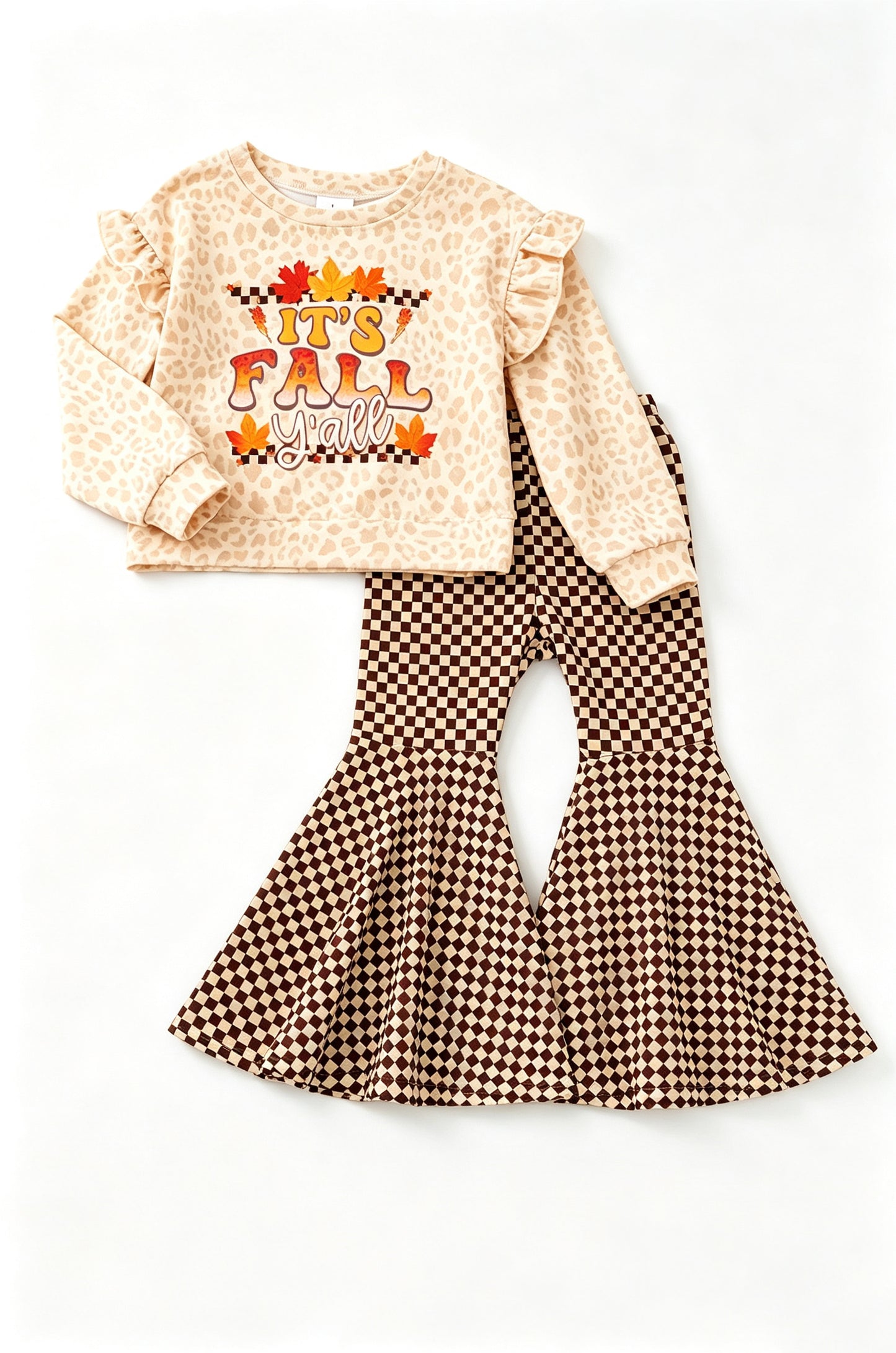(Preorder new) No moq GLP3652 Baby Girls Letter Leopard Print Crew Neck Long Sleeve Top Plaid Check Flared Bell Bottom Pants Autumn Casual Clothes Set
