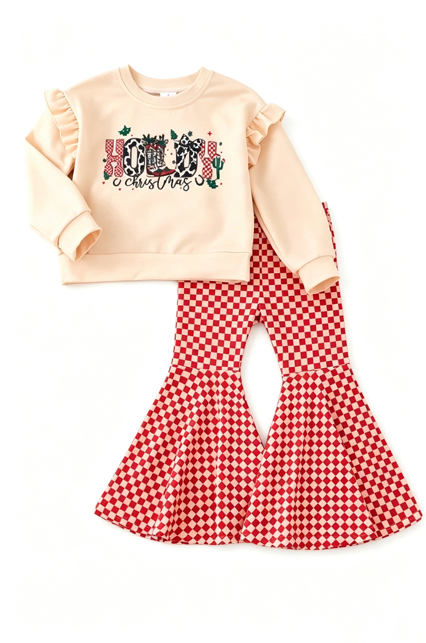 (Preorder new) No moq GLP3656 Baby Girls Cow Print Crew Neck Long Sleeve Top Plaid Check Flared Bell Bottom Pants Autumn Clothes Set