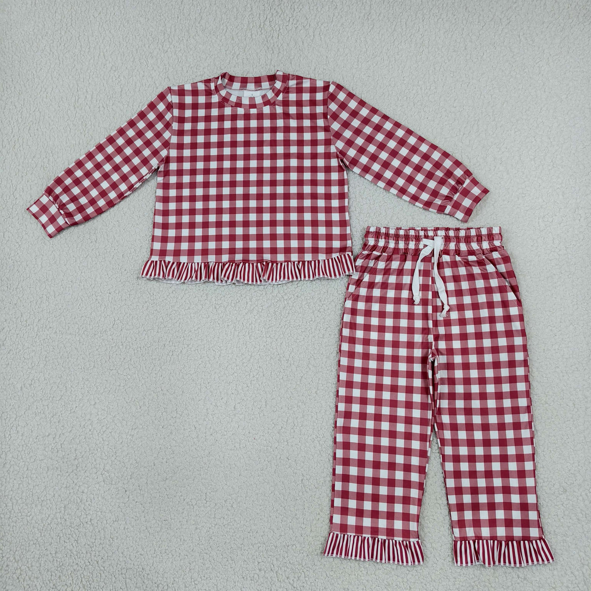 RTS NO MOQ Sibling milk silk Baby Girls Cute Gingham Plaid Long Sleeve Ruffle Top And Ruffle Pants Matching Set