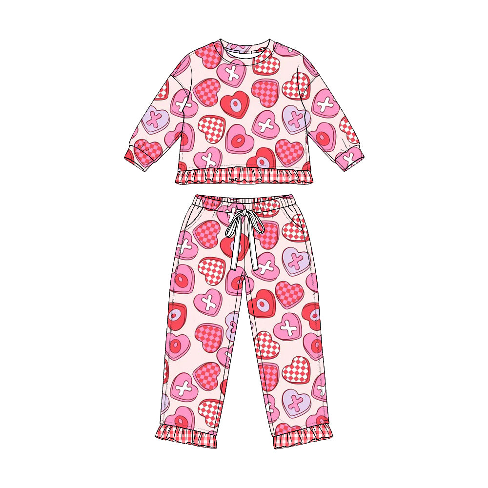 (Preorder new) No moq GLP3677 Baby Girls Valentines Checkerboard Heart Print Long Sleeve Ruffle Top And Drawstring Ruffle Pants Pajama Set