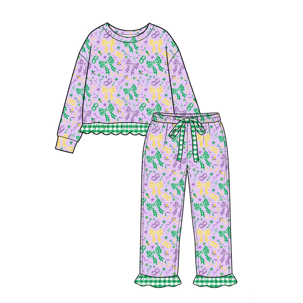 (Preorder new) No moq Baby Girls Mardi Gras Bow Print Long Sleeve Top Ruffle Hem Drawstring Pant Holiday Outfit Romper