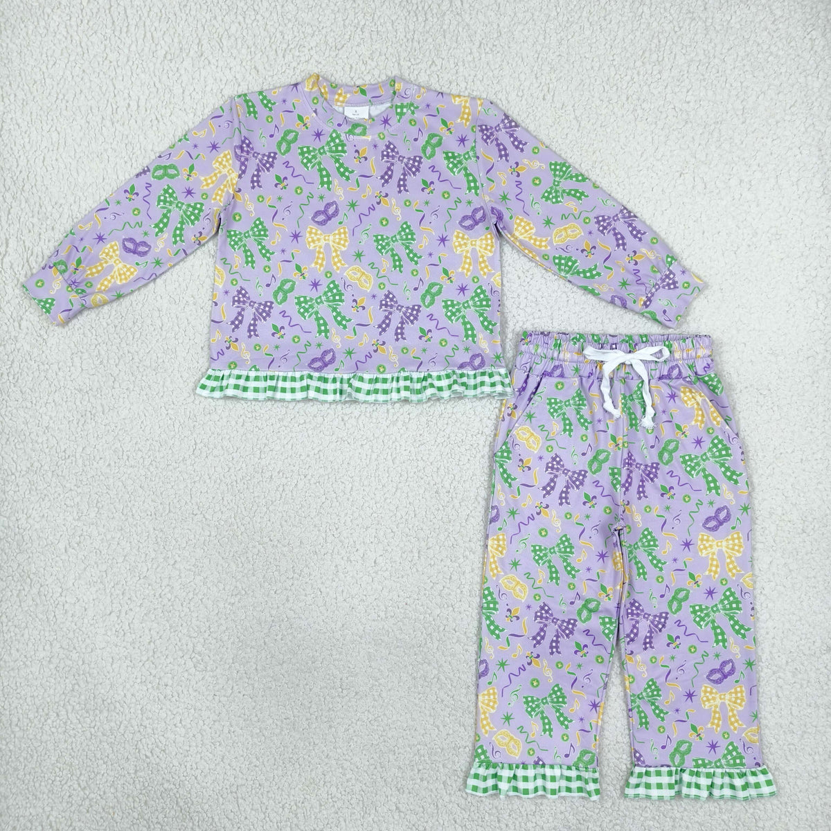 NEW RTS NO MOQ milk silk GLP3680 Baby Girls Bows Print Long Sleeve Top Side Pockets Ruffle Pant Clothes Set
