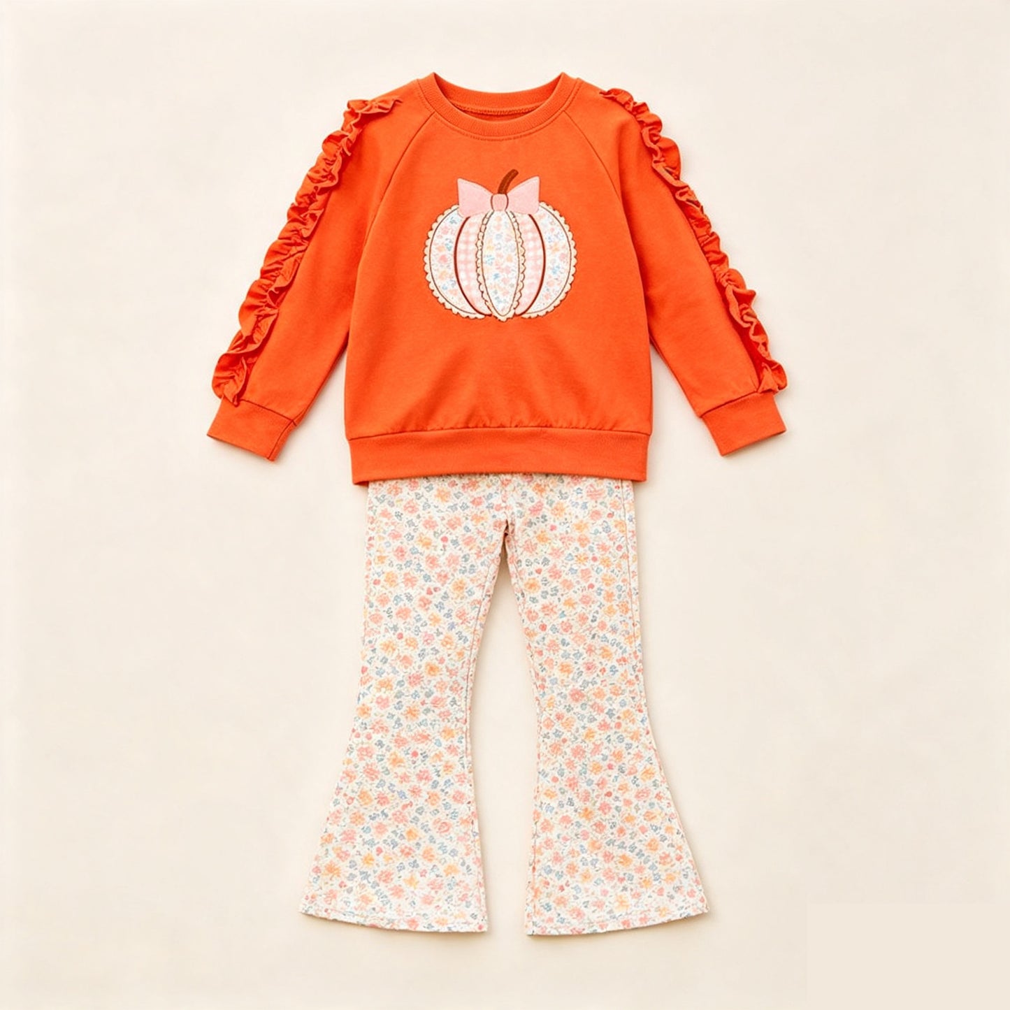 (Preorder new) No moq Baby Girls Fall Pumpkin Bow Floral Print Ruffle Sleeve Sweatshirt Bell Bottom PantsHalloween Clothes Set Romper