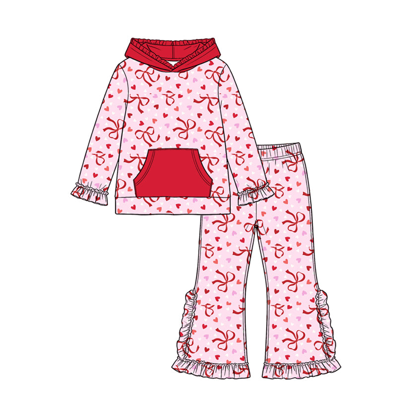 (Preorder new) No moq GLP3686 Baby Girls Bows Hearts Print Pocket Hoodie Ruffle Pant Valentines Holiday Matching Outfit Clothes Set