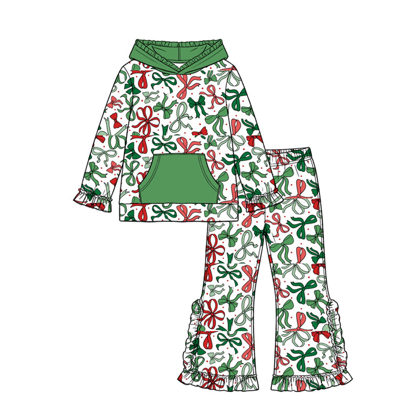(Preorder new) No moq GLP3687 Baby Girls Pink Red Bows Print Pocket Hoodie Ruffle Pant Christmas Holiday Matching Outfit Clothes Set