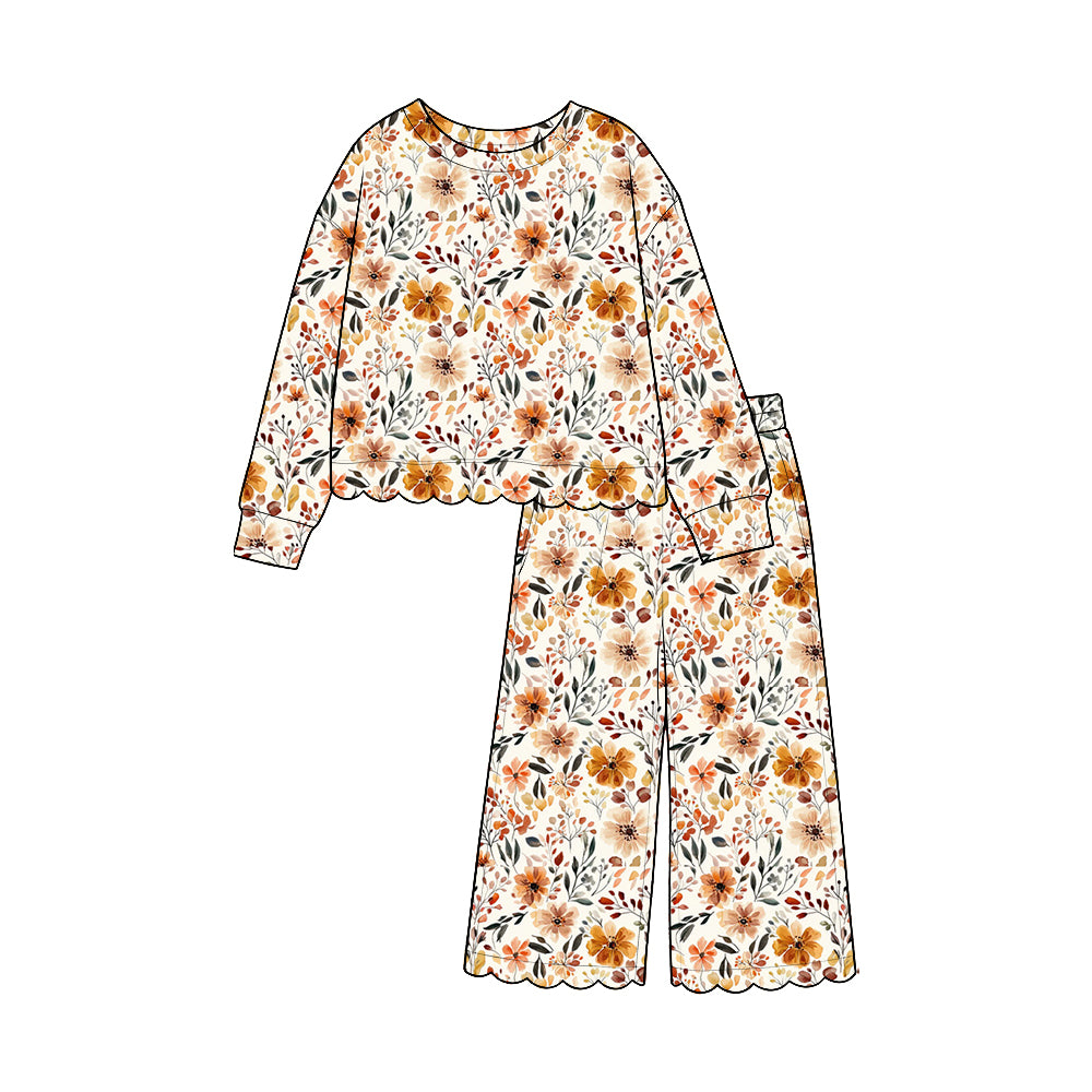 (Preorder new) No moq GLP3692 Baby Girls Long Sleeve Colorful Flowers Print Top Pants Fall Scallop Trim Outfit Clothes Set