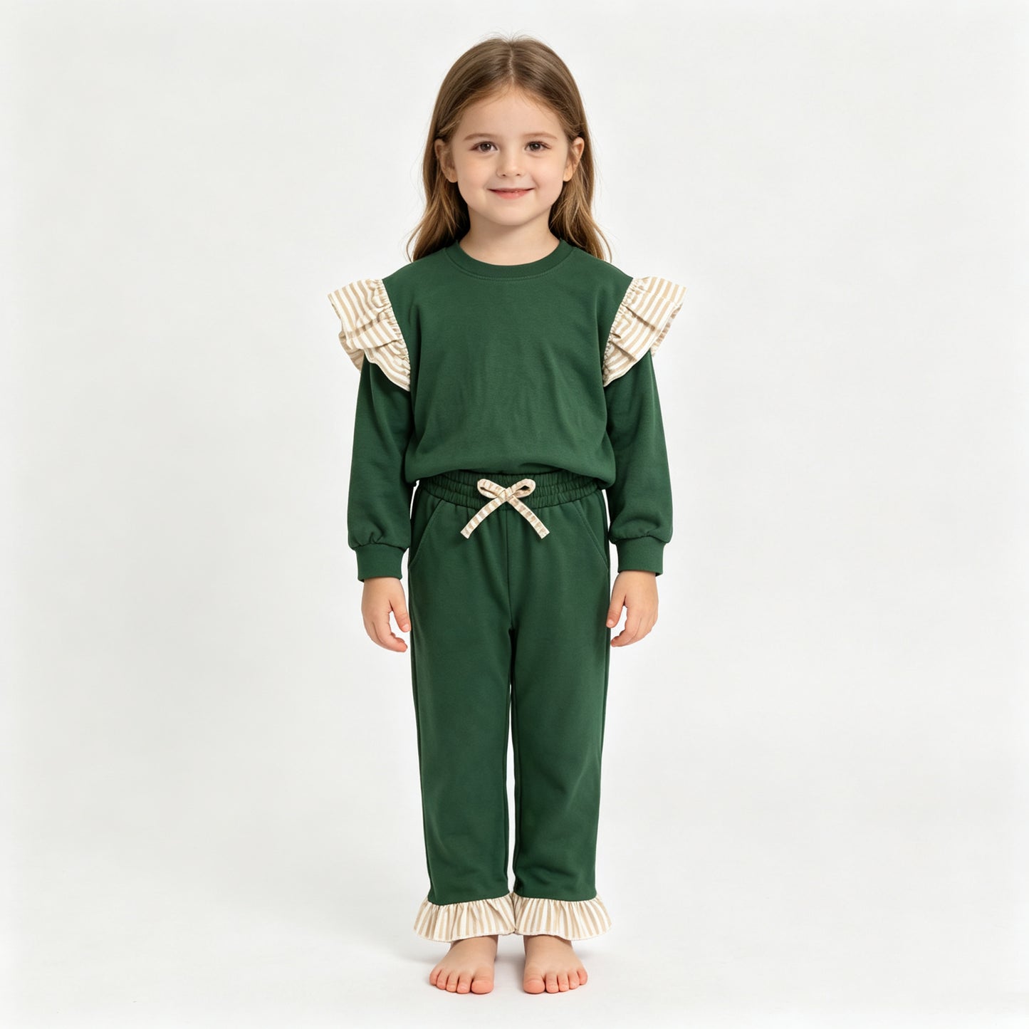 (Sample) No moq milk silk GLP3698(GT1845+P1154)Baby Girls Green Stripe Flutter Sleeve Top Pockets Ruffle Pant Clothes Set