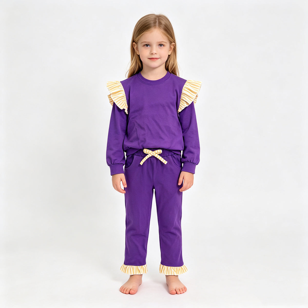 (Sample) No moq cotton GLP3699(GT1846+P1155)Baby Girls Purple Stripe Flutter Sleeve Top Pockets Ruffle Pant Clothes Set