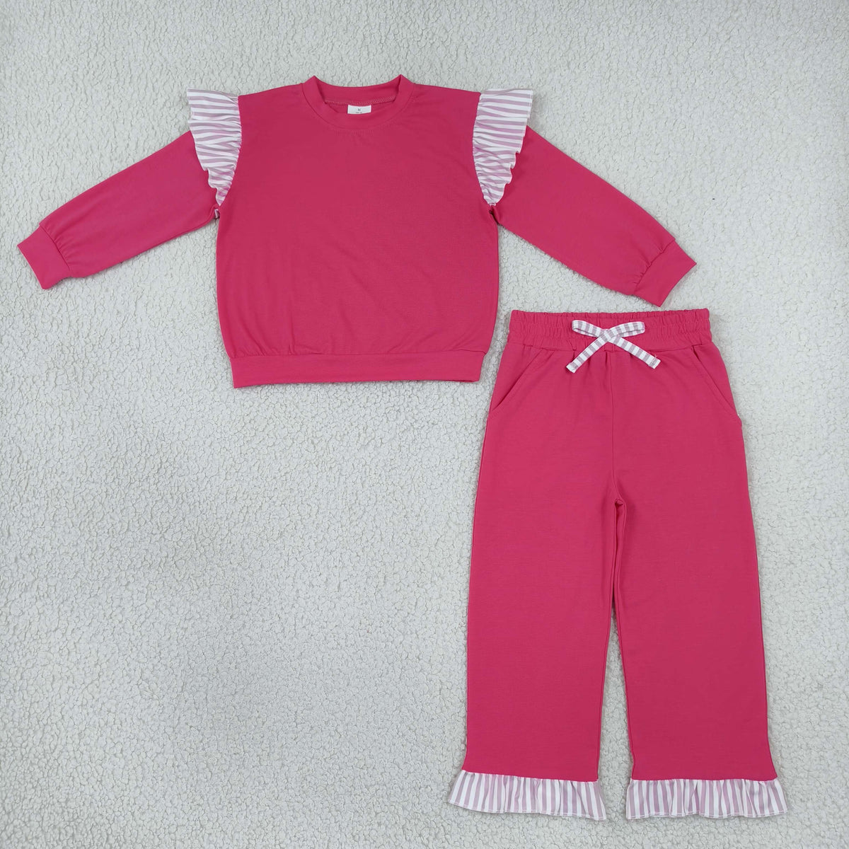 NEW RTS NO MOQ milk silk GLP3701(GT1848+P1157)Baby Girls Watermelon Red Stripe Flutter Sleeve Top Pockets Ruffle Pant Set