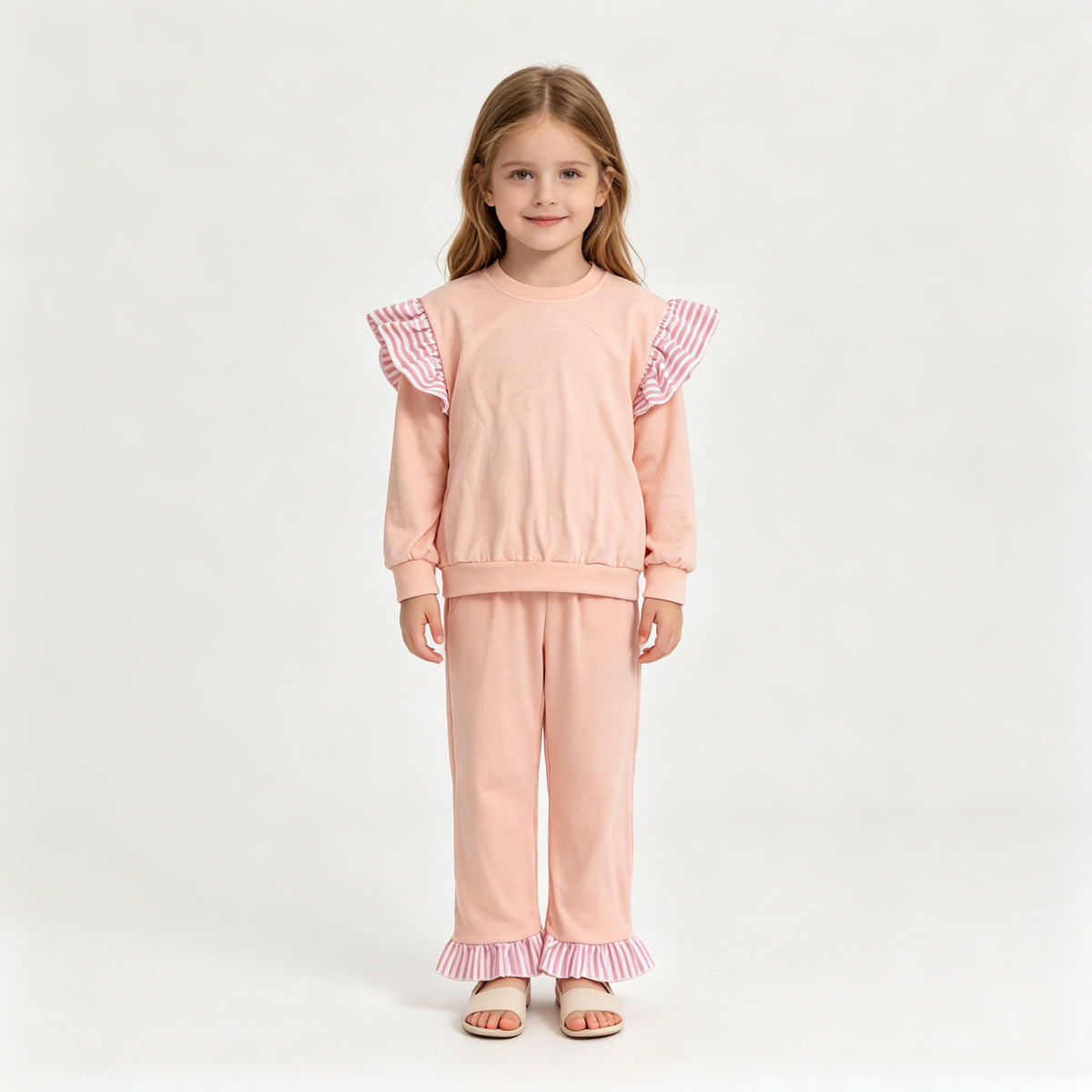 (Sample) No moq milk silk GLP3702(GT1849+P1151)Baby Girls Light Pink Stripe Flutter Sleeve Top Pockets Ruffle Pant Clothes Set