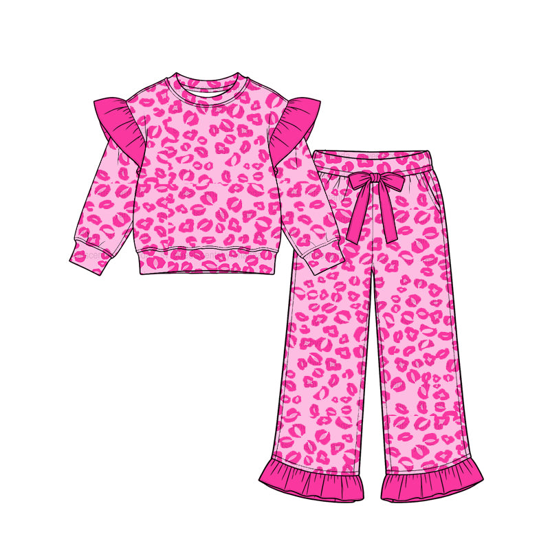 (Preorder new) No moq GLP3704 Baby Girls ruffle shoulder leopard long sleeve Outfit Clothes Set