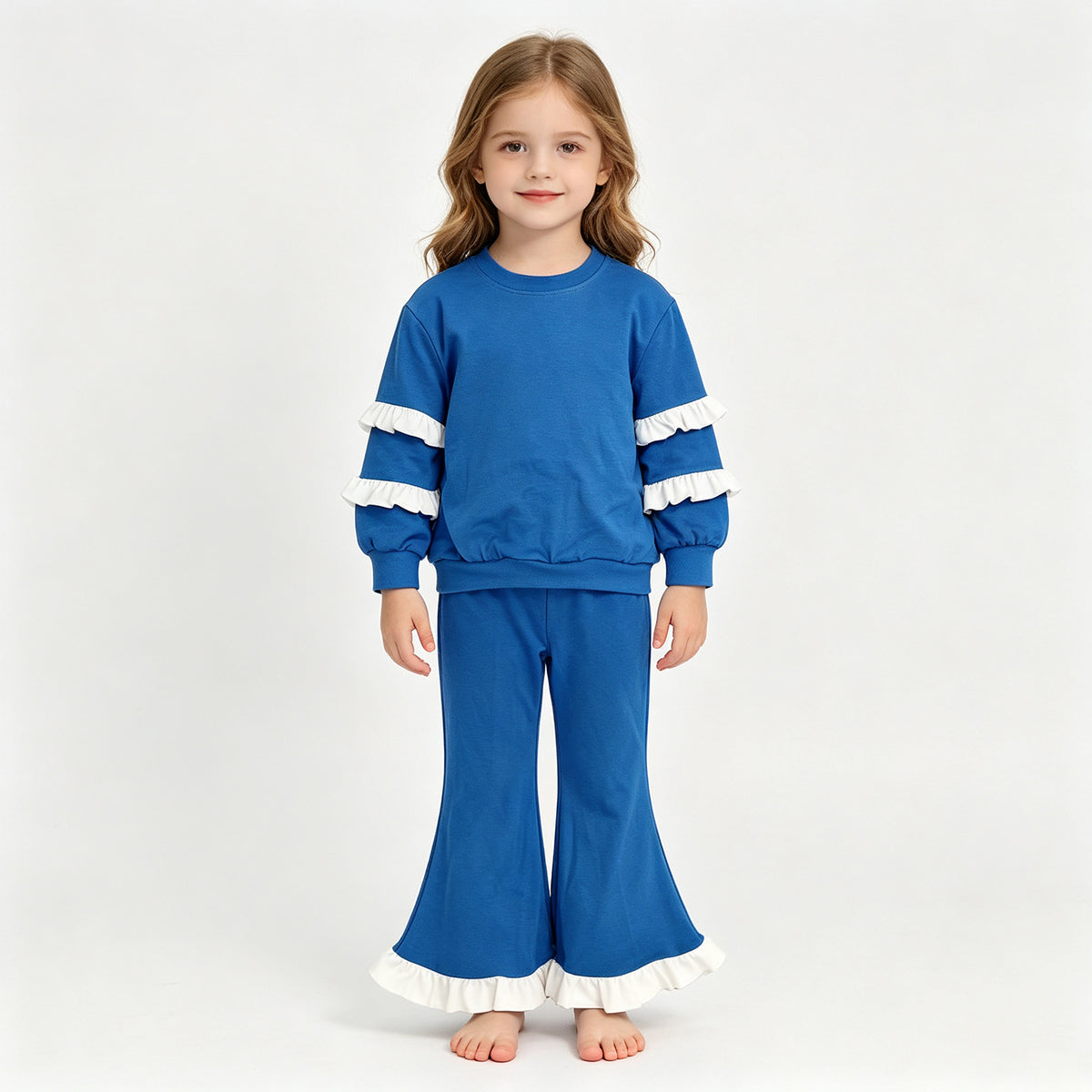 (Sample) No moq cotton GLP3719(GT1860+P1170)Baby Girls Blue White Long Sleeve Top Flare Pants Set