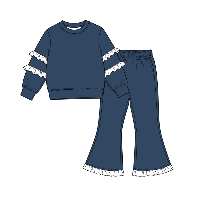 (Preorder new) No moq Baby Girls Solid Color Long Sleeve Top Flare Pants Clothes Set Fall Winter Casual Outfit