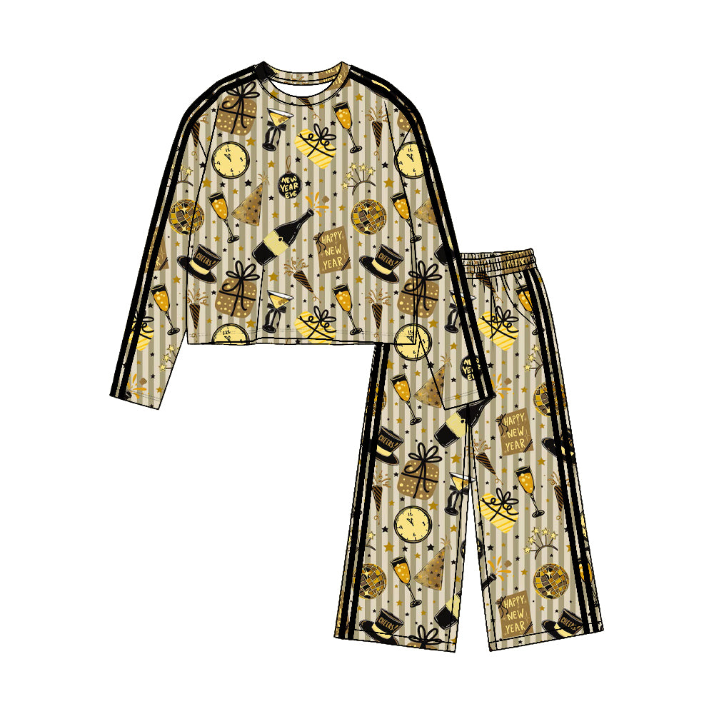 (Preorder new) No moq Yoga Toddler Girls New Year Cheers Print Long Sleeve Side Stripe Wide Leg Pant Set Holiday Kids Outfit