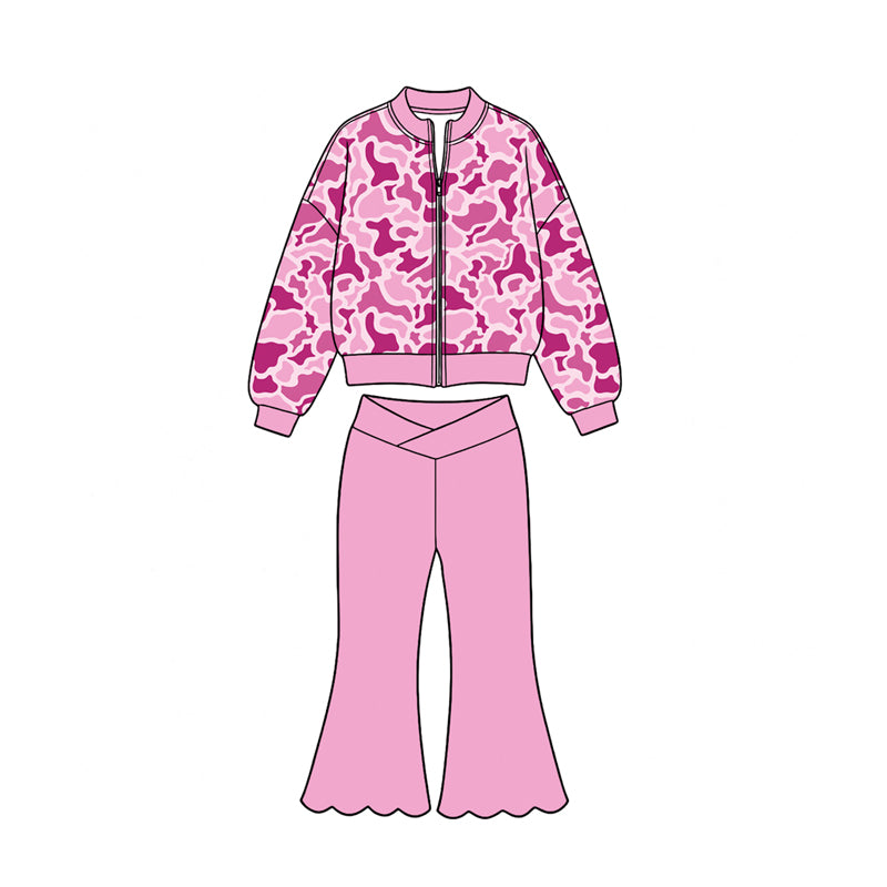 (Preorder new) No moq Yoga Toddler Girls Camo Long Sleeve Zip Jacket And Scallop Hem Flare Pant Fall Kids Outfit
