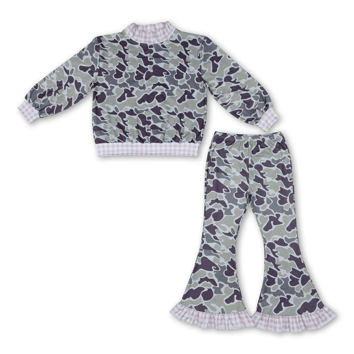 RTS NO MOQ Sibling milk silk Baby Girls Camo Print Long Sleeve Top With Pink Gingham Trim And Ruffle Bell Bottom Pants Set