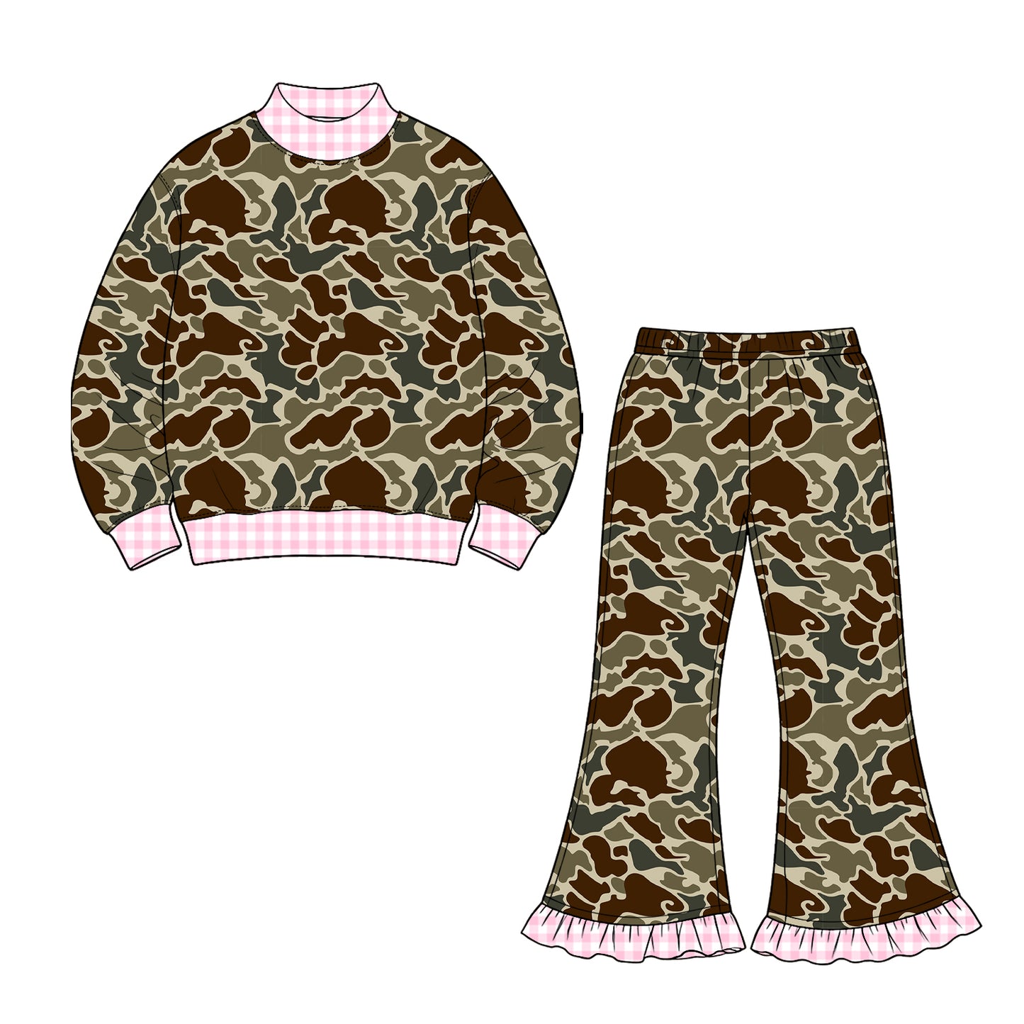 (Preorder new) No moq Baby Girls High Neck Camo Long Sleeve Top Ruffle Hem Flare Pant Set