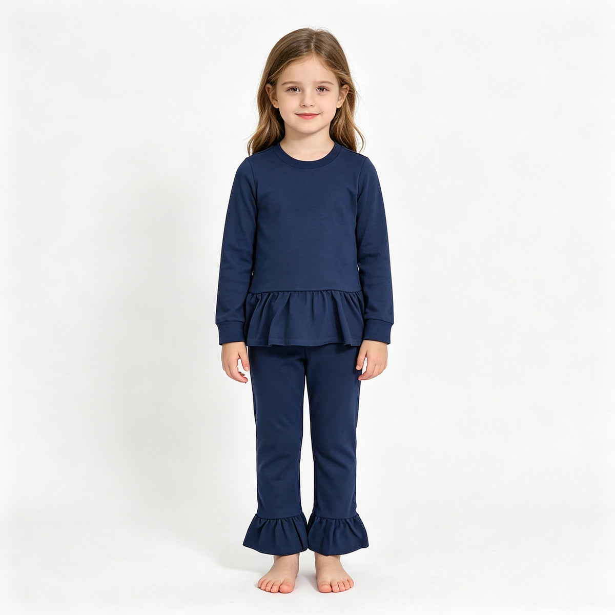(Sample) No moq cotton GLP3750 Baby Girls Navy Blue Long Sleeve Tunic Ruffle Pant Set