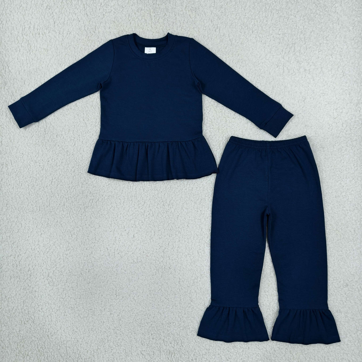 RTS NO MOQ Sibling cotton Baby Girls Solid Color Ruffle Peplum Long Sleeve Top And Flare Pant Set
