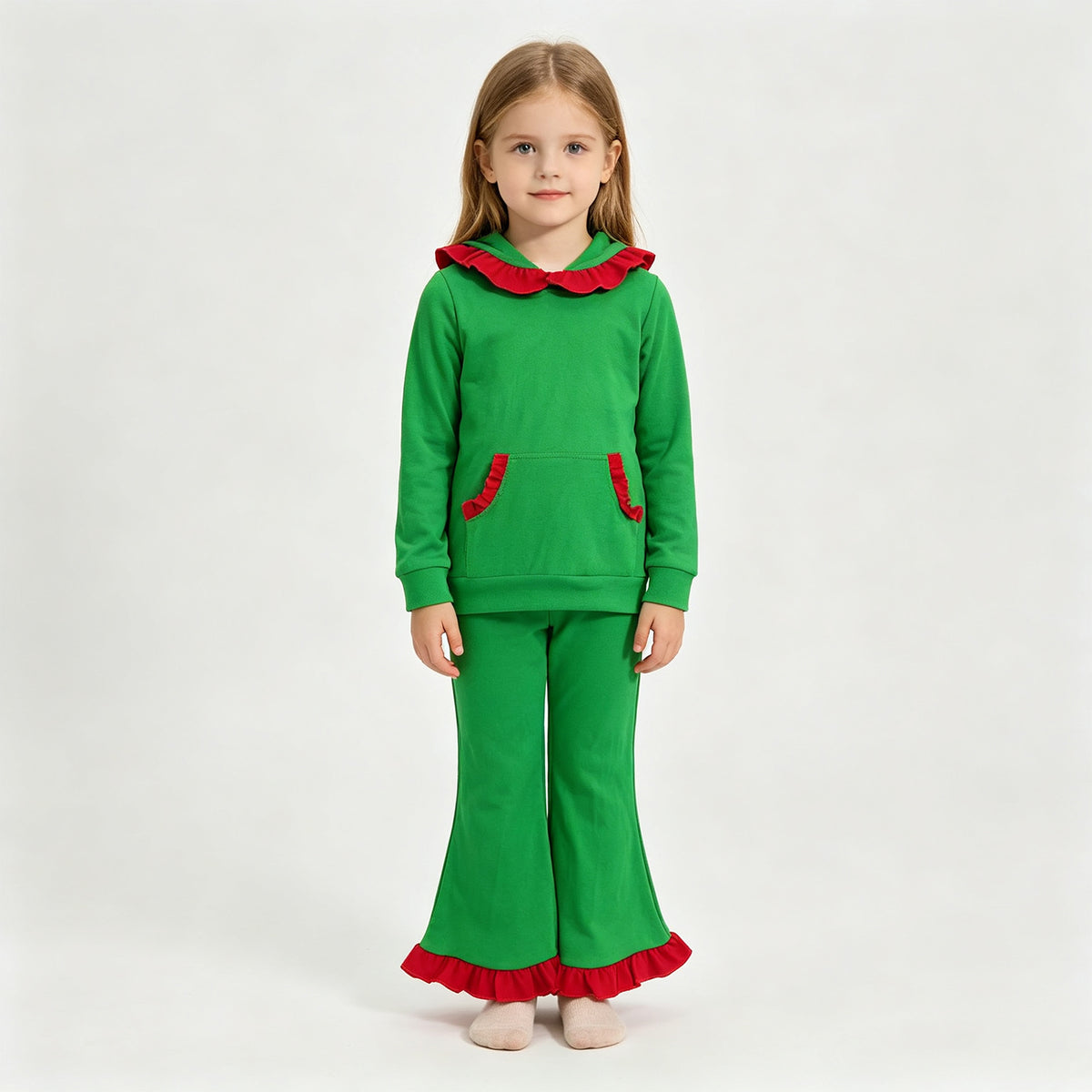 (Sample) No moq cotton GLP3752 Baby Girls Pocket Ruffle Hoodie Bell Bottom Pant Christmas Holiday Clothes Set