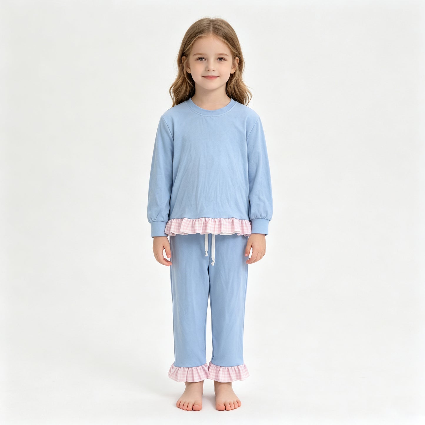 (Sample) No moq milk silk GLP3753 Baby Girls Light Blue Long Sleeve Top Ruffle Pant Casual Clothes Set