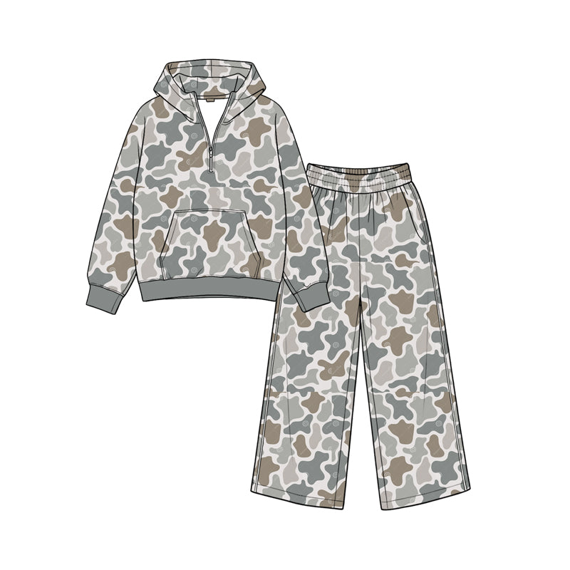 (Preorder new) No moq Baby Girls Camo Zip Pocket Hoodie Flare Pant Clothes Sets Autumn Baby Casual Outfit