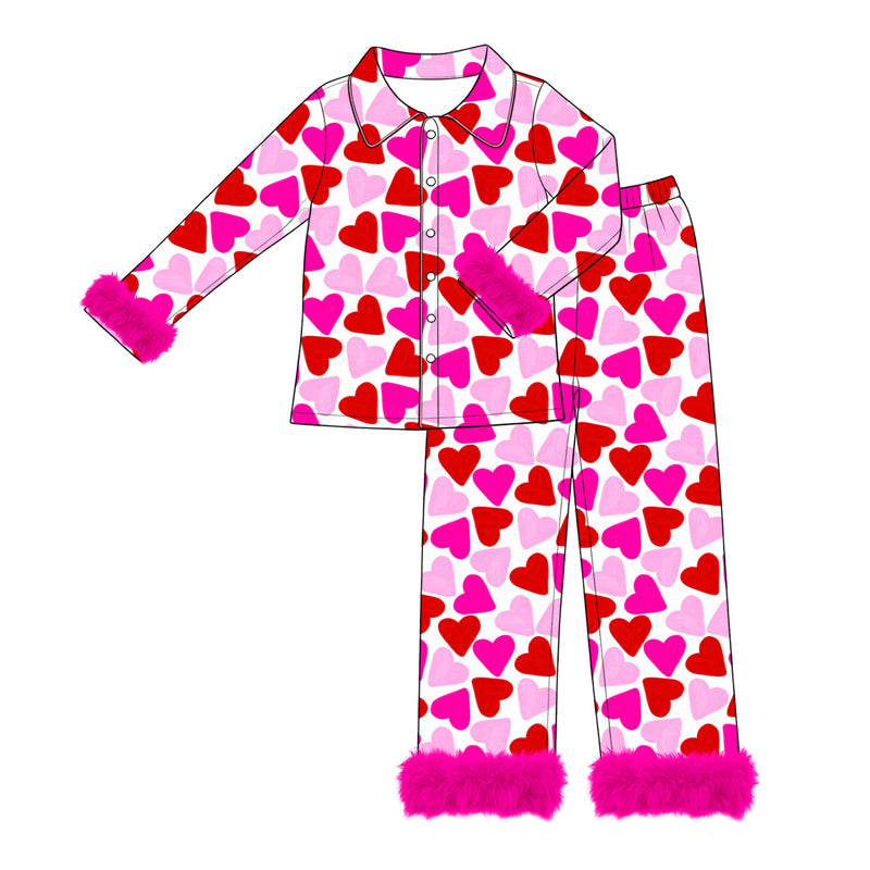 (Preorder new) No moq Adult To Match Kids Pink Red Hearts Button Top Pant Valentines Fur Sleeves Pajamas Sets Romper Blankets Dress