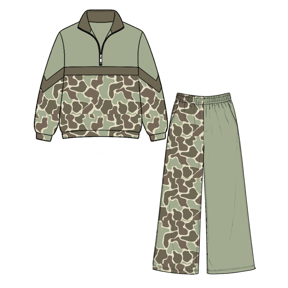 (Preorder new) No moq Baby Kids Camo Block Quarter Zip Pullover Top Camo Wide Leg Pant Casual Outfit Set