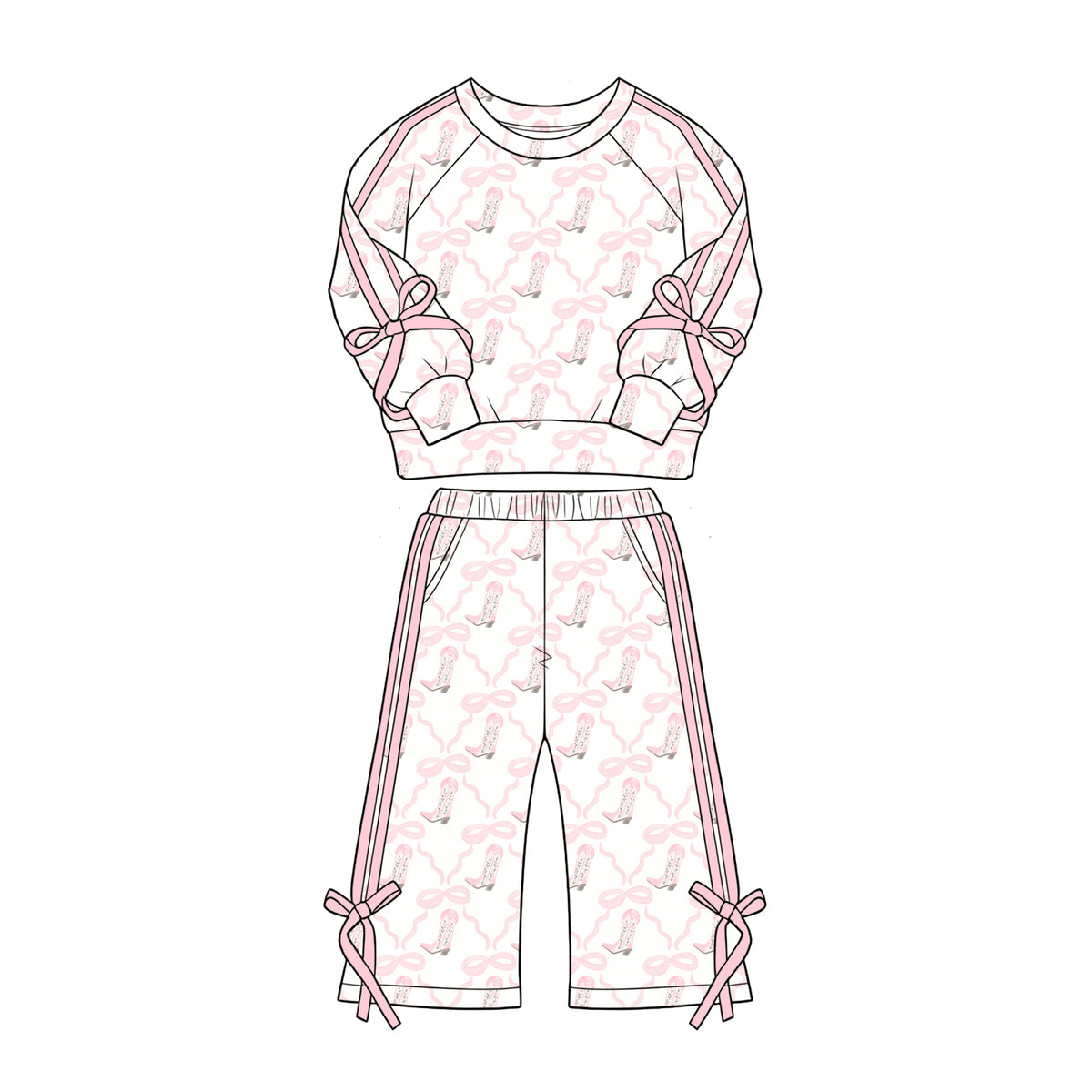 (Preorder new) No moq GLP3805 Baby Girls Pink Cowgirl Boot Bow Print Long Sleeve Top And Side Stripe Bow Wide Leg Pants Outfit