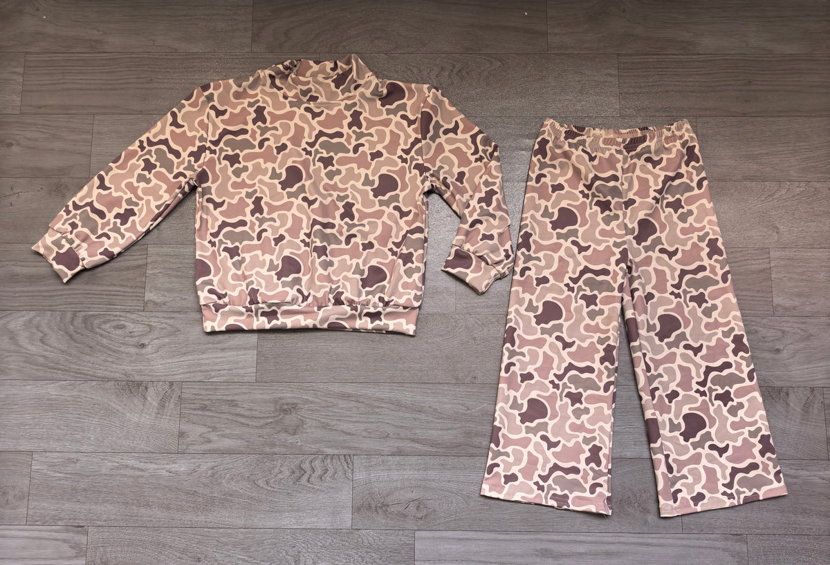 (Sample) No moq yoga fabric GLP3810 High Neck Baby Girls Khaki Camo Top Flare Pant Yoga Active Clothes Set Casual Daily Wear