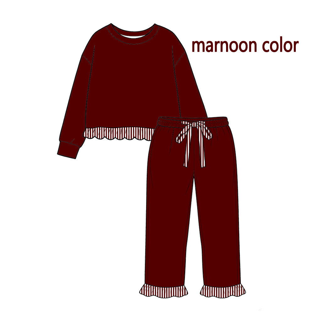 (Preorder new) No moq GLP3829 Cotton Baby Girls Maroon Long Sleeve Top Ruffle Pant Cotton Clothes Set