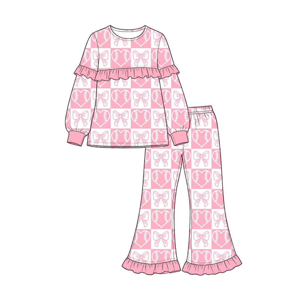 (Preorder new) No moq Baby Girls Baseball Heart Bows Checked Top Ruffle Pant Valentines Clothes Set Dress