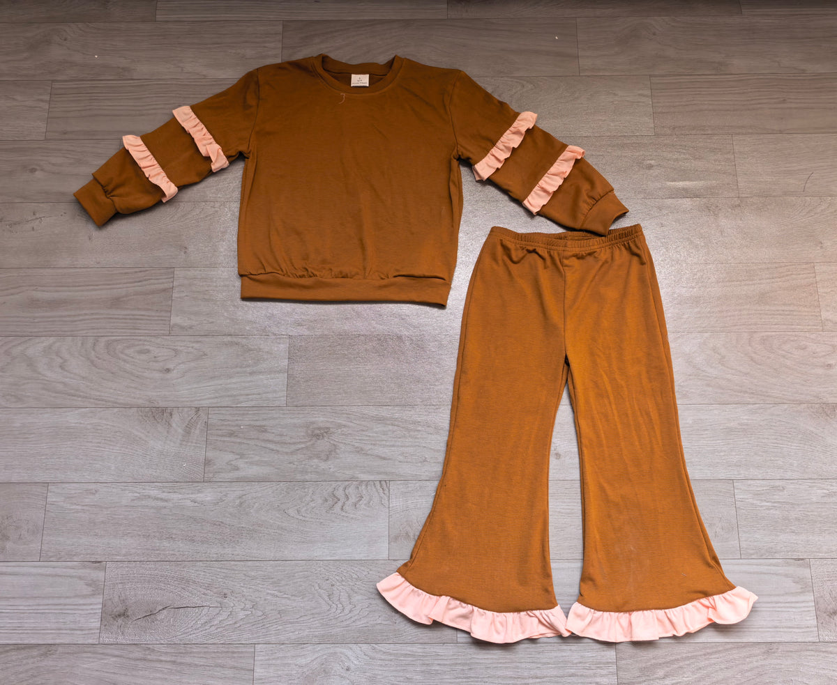 (Sample) No moq cotton GLP3842 Baby Girls Brown Long Sleeve Top Ruffle Bell Bottom Pant Clothes Set