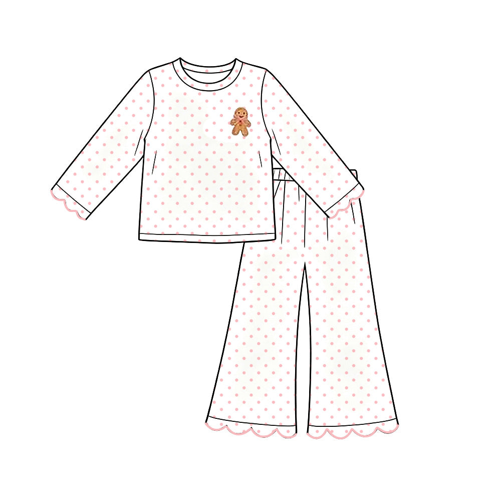 (Preorder new) No moq GLP3859 Baby Girls Pink Polka Dots Gingerbread Christmas Top And Scallop Flare Pant Set