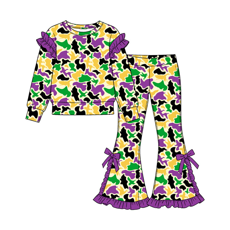 (Preorder new) No moq Baby Girls Camo Print Outfit Set Purple Green Gold Camouflage Hoodie Ruffle Flare Pants Girls Ruffle Sleeve Top Skirt Matching Clothes