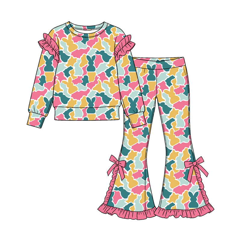 (Preorder new) No moq Baby Girls Easter Bunny Camo Print Outfit Set Pink Green Gold Rabbit Camouflage Hoodie Ruffle Flare Pants Ruffle Sleeve Top Skirt Matching Spring Clothes
