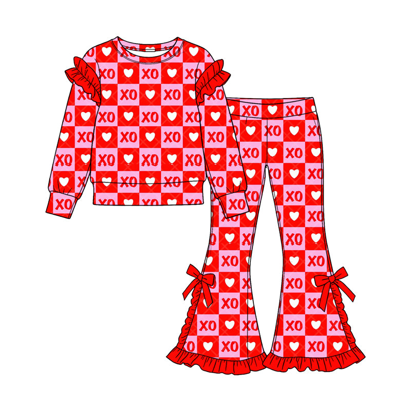 (Preorder new) No moq Baby Girls Valentines XO Heart Checkered Print Outfit Set Red Pink Plaid Heart Hoodie Ruffle Flare Pants Ruffle Sleeve Top Skirt Matching Valentines Clothes