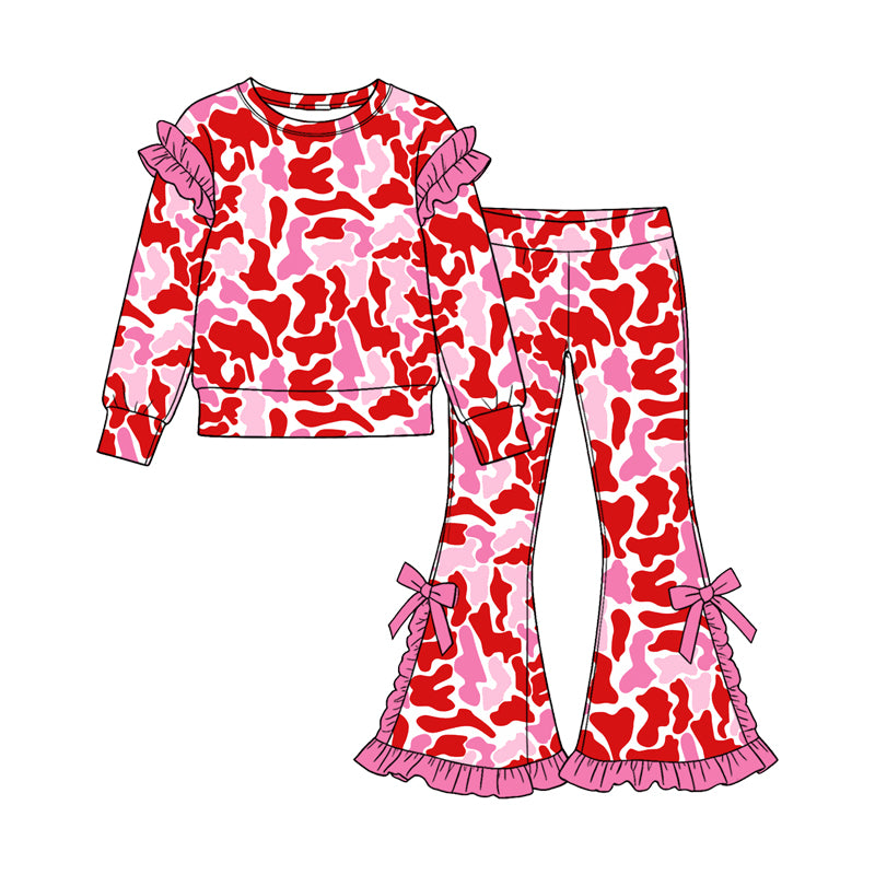 (Preorder new) No moq Baby Girls Valentines Heart Camo Print Outfit Set Red Pink Heart Camouflage Hoodie Ruffle Flare Pants Ruffle Sleeve Top Skirt Matching Valentines Clothes