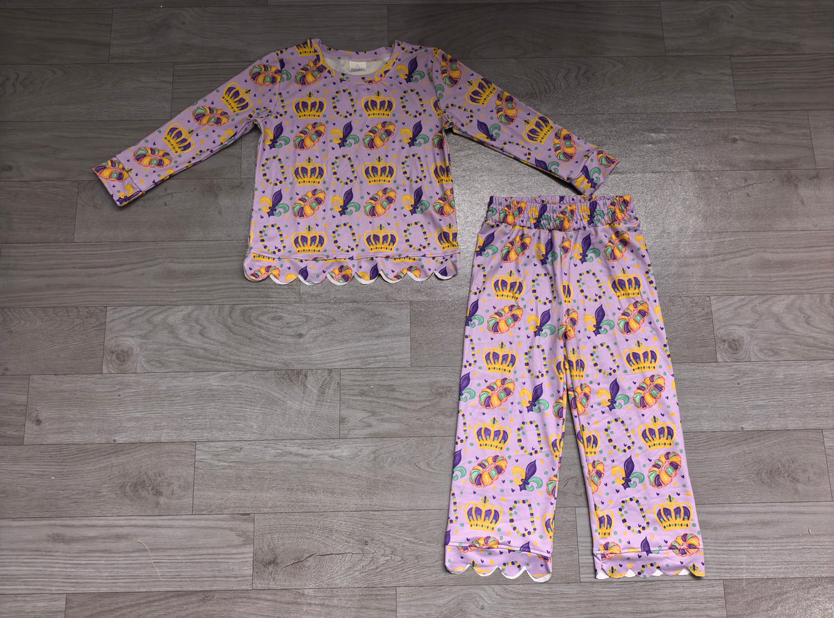 (Sample) No moq milk silk GLP3883 Baby Girls Cute Purple Print Long Sleeve Top Pant Scallop Clothes Set