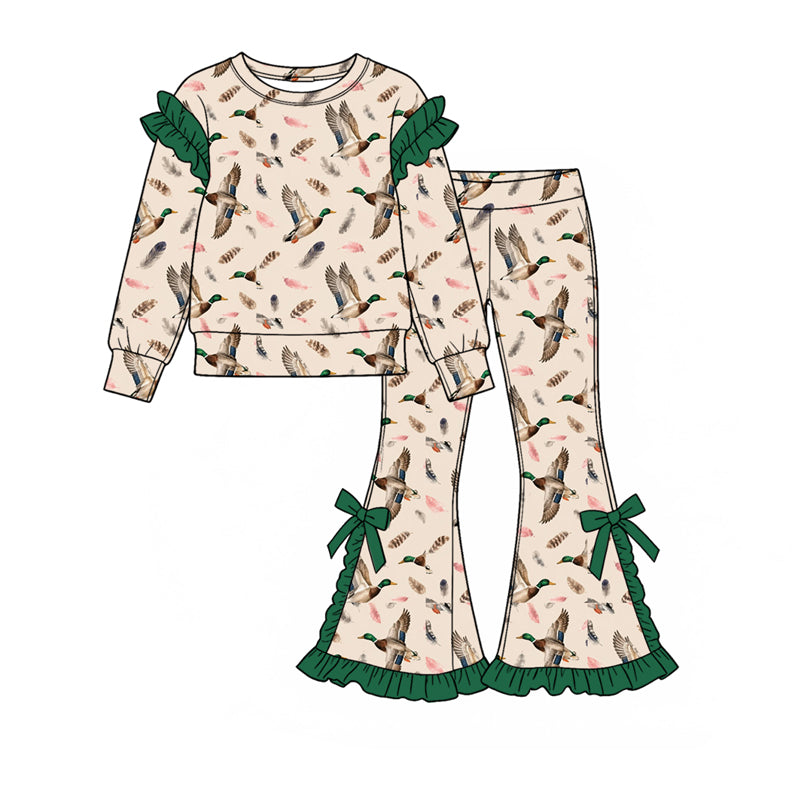 (Preorder new) No moq Toddler Girls Long Sleeve Ruffle Sweatshirt And Flare Bell Bottom Pant Set