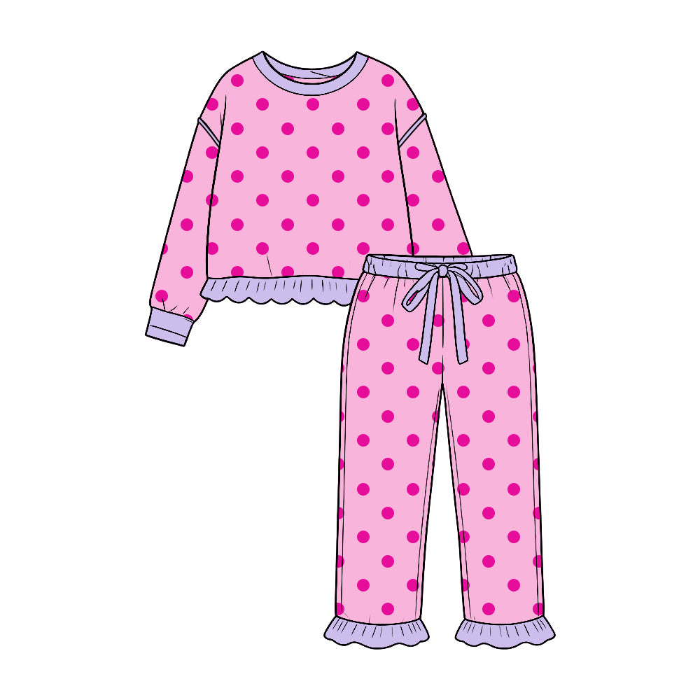 (Preorder new) No moq Toddler Girls Polka Dot Long Sleeve Ruffle Trim Top And Ruffle Hem Pant Set