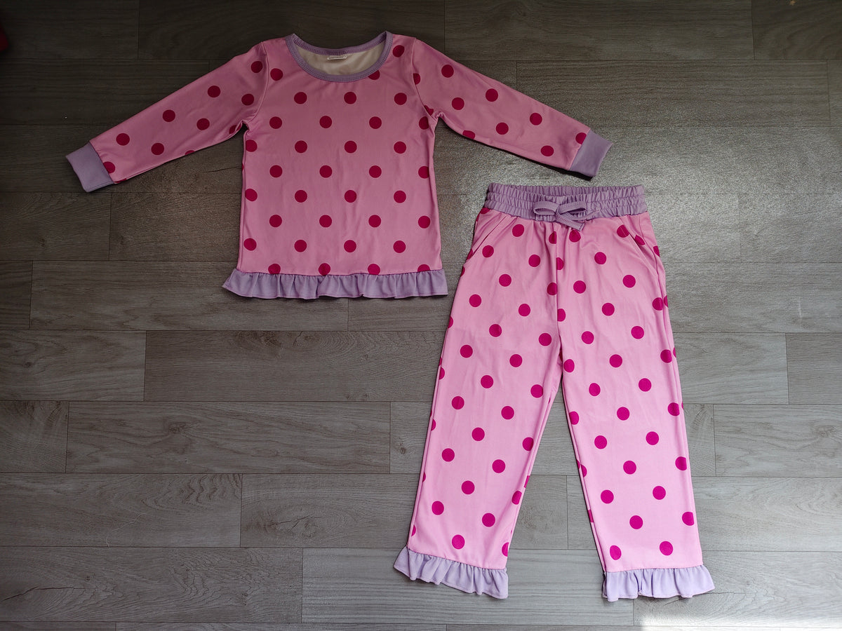 (Sample) No moq milk silk GLP3901 Baby Girls Pink Polka Dots Shirt Top Ruffle Flare Pant Clothes Set