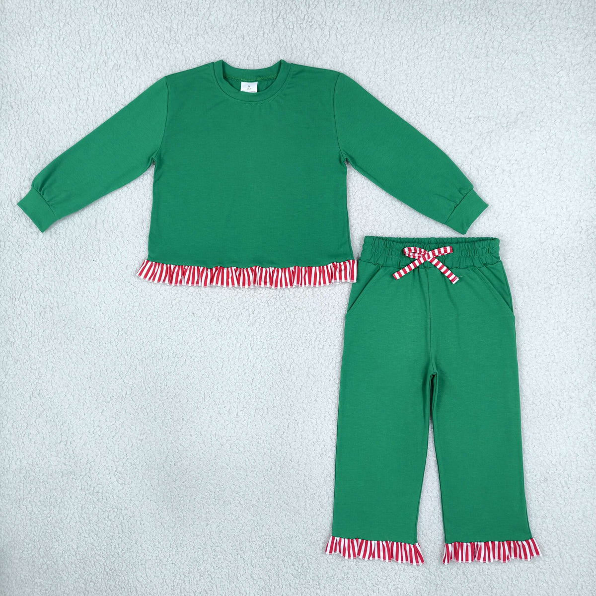 NEW RTS NO MOQ cotton GLP3908(GT1936+P1254)Baby Girls Solid Green Long Sleeve Top With Ruffle Pant Clothes Set