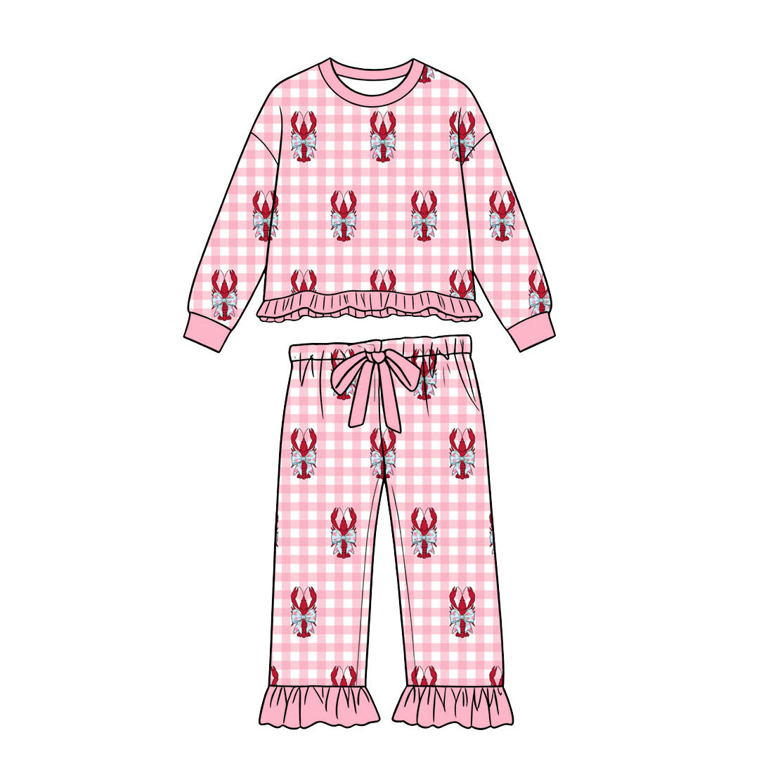 (Preorder new) No moq Toddler Kids Crawfish Print Kids Long Sleeve Pajama Girls Boys Matching Sleepwear Set