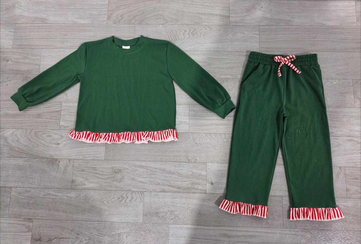 (Sample) No moq cotton GLP3917(GT1936+P1254)Baby Girls Green Long Sleeve Scallop Tunic Ruffle Pant Set