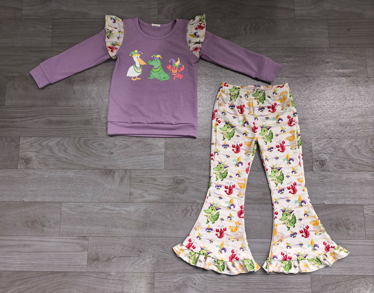 (Sample) No moq milk silk GLP3923 Embroidery Baby Girls Purple Top With Ruffle Hem Pant Clothes Sets