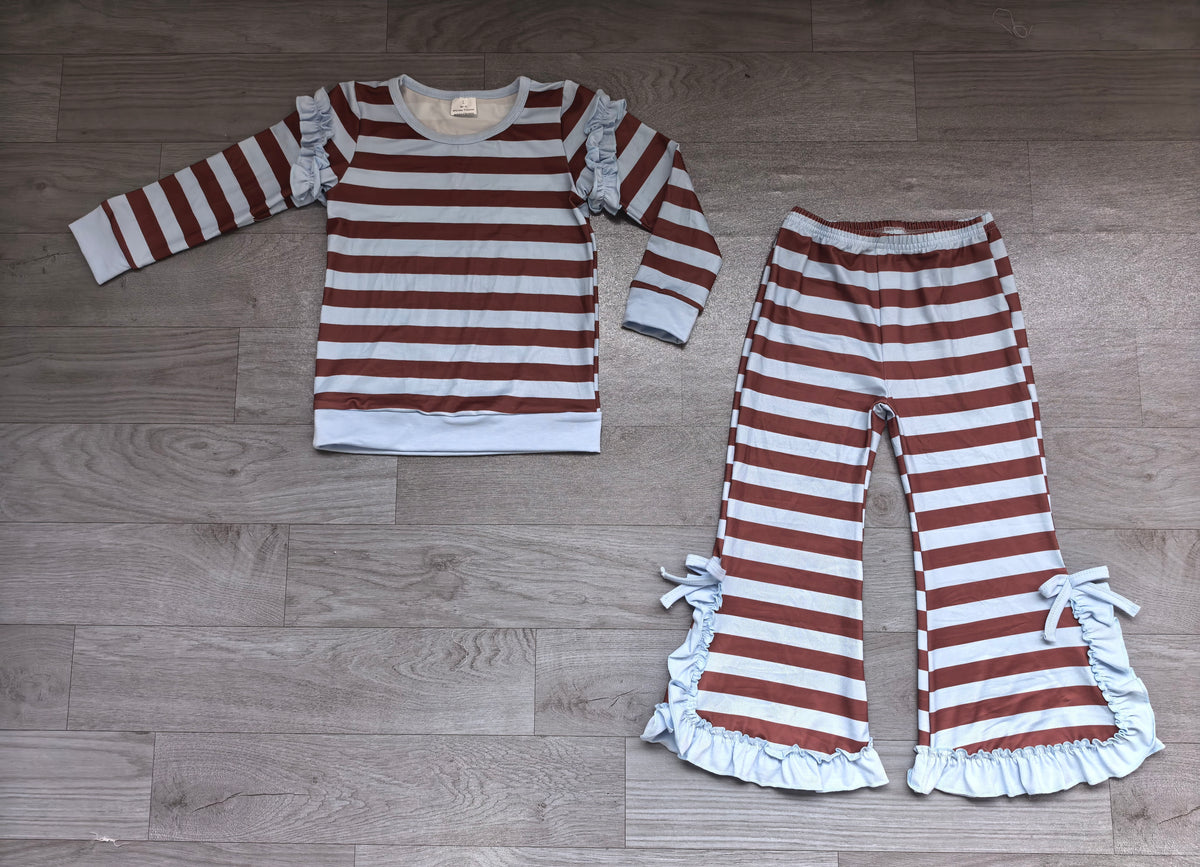 (Sample) No moq milk silk GLP3929 Baby Girls Brown Blue Stripe Top Ruffle Hem Flare Pant Matching Outfit