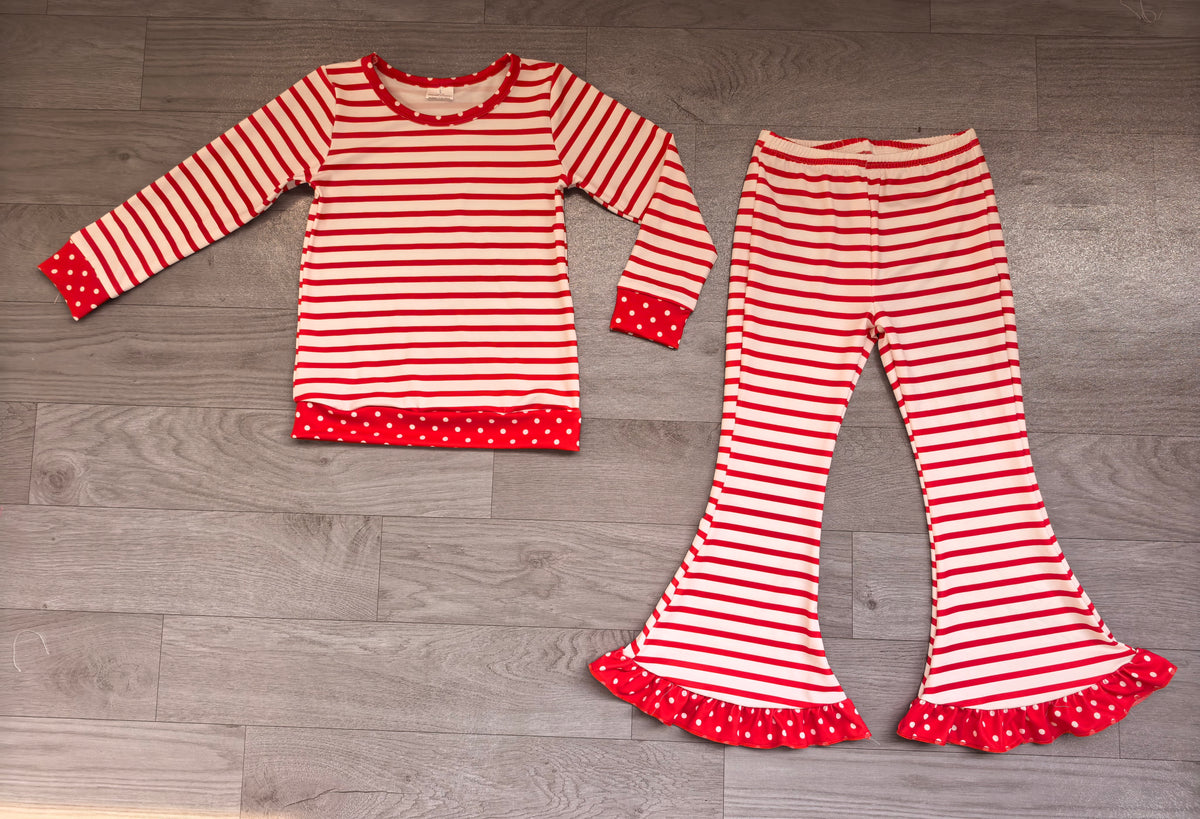(Sample) No moq milk silk GLP3932 Baby Girls Red Stripe Long Sleeve Top Ruffle Flare Bell Bottom Pant Daily Wear Set