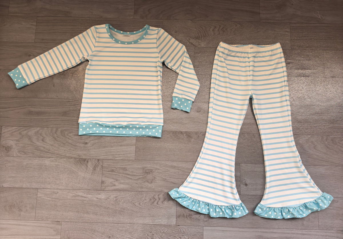 (Sample) No moq milk silk GLP3933 Baby Girls Light Blue Stripe Long Sleeve Top Ruffle Flare Bell Bottom Pant Daily Wear Set